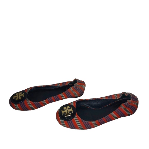 Tory Burch Reva Multi-Color Stripe Gold Logo Fabric Flats Size 7.5 - Picture 1 of 7